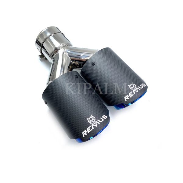 1 pcs car universal dual pipes muffler equal length straight cut remus sport matte carbon fiber exhaust tips glossy blue inner pipe for bmw