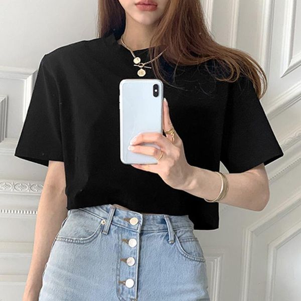 women's t-shirt korean chic niche simple round neck pullover high waist exposed belly button short solid color short-sleeved women, White
women's t-shirt korean chic niche simple round neck pullover high waist exposed belly button short solid color short-sleeved women, White