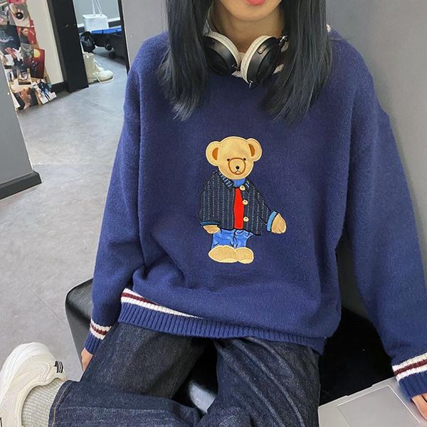 women's sweaters autumn sweater women college style cartoon bear embroidery loose round neck knitted striped, White;black
women's sweaters autumn sweater women college style cartoon bear embroidery loose round neck knitted striped, White;black