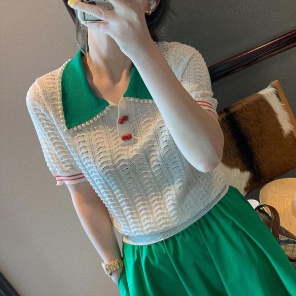 cherry button pearl turn down womens sweater collar women knit summer hollow short sleeved elegant lady t shirt korean, White;black
cherry button pearl turn down womens sweater collar women knit summer hollow short sleeved elegant lady t shirt korean, White;black
