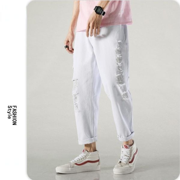 men's jeans summer men white casual loose straight cropped trousers korean version trend ripped classic solid color, Blue
men's jeans summer men white casual loose straight cropped trousers korean version trend ripped classic solid color, Blue