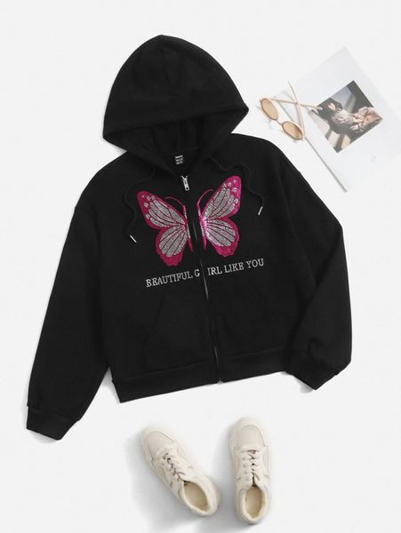 rhinestone slogan and butterfly pattern zip up drop shoulder drawstring hoodie 09dh#, White;black
rhinestone slogan and butterfly pattern zip up drop shoulder drawstring hoodie 09dh#, White;black