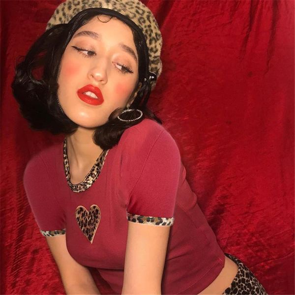 women's t-shirt summer 2021 y2k aesthetic crop short sleeve vintage 90s woman tshirts leopard heart patches cute kawaii clothes, White
women's t-shirt summer 2021 y2k aesthetic crop short sleeve vintage 90s woman tshirts leopard heart patches cute kawaii clothes, White
