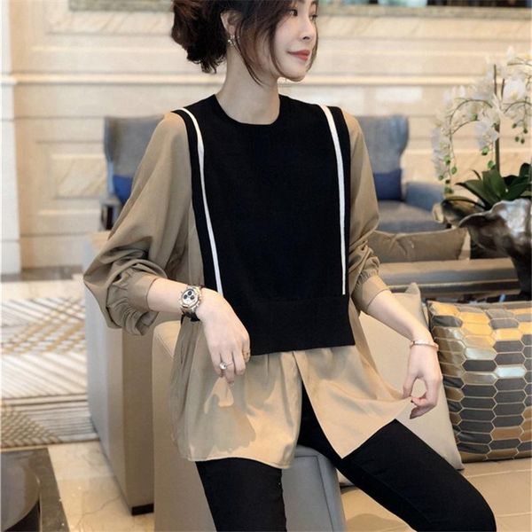 women's sweaters korean style women black round neck cropped stitching sweater loose with fake two-piece, White;black
women's sweaters korean style women black round neck cropped stitching sweater loose with fake two-piece, White;black
