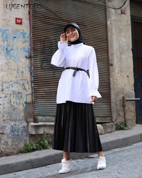 women's blouses & shirts lugentolo women shirt turkish all-match white muslim female turtleneck long-sleeved casual