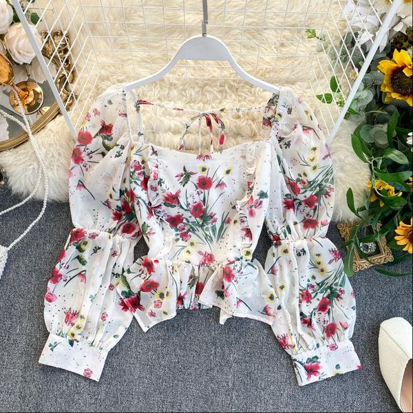 womens blouses and french style floral print square neck designer irregular ruffle elastic chiffon shirt back tie, White 
womens blouses and french style floral print square neck designer irregular ruffle elastic chiffon shirt back tie, White