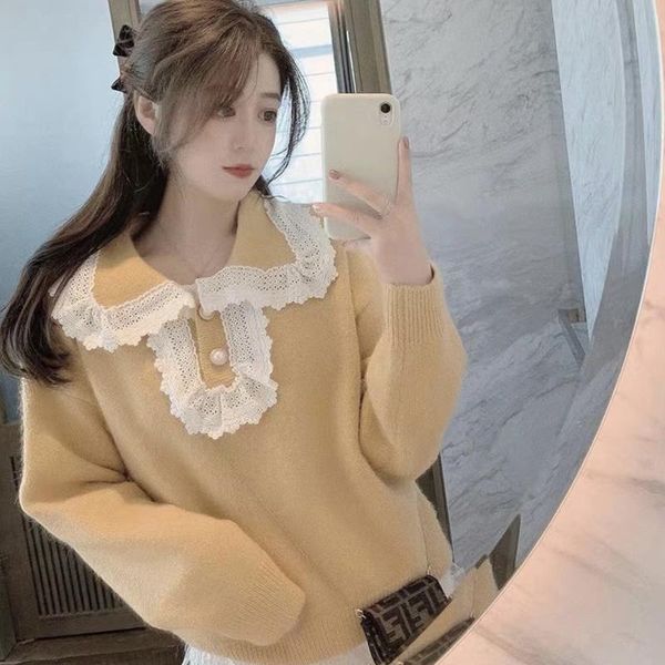 women's sweaters autumn and winter retro japanese sweater women 2021 lace pullover doll collar long-sleeved knitted loose outer wear, White;black
women's sweaters autumn and winter retro japanese sweater women 2021 lace pullover doll collar long-sleeved knitted loose outer wear, White;black