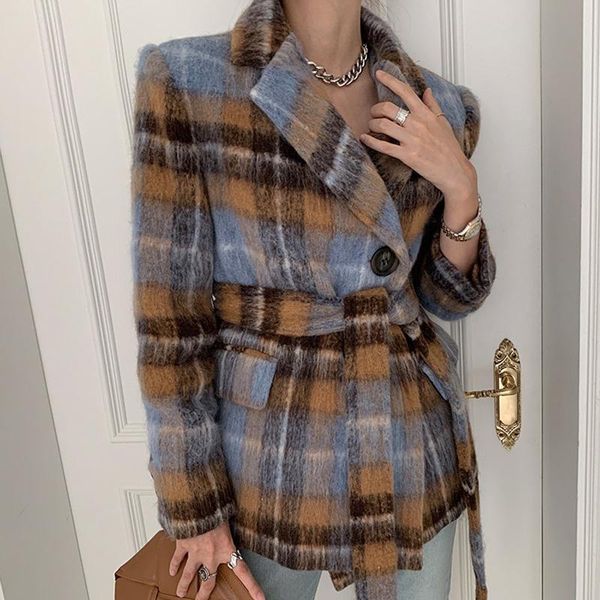 2021 spring woolen blazers coat women plaid lace up korean chic turn down long sleeve ladies elegant tweed jacket outwear femme, White;black
2021 spring woolen blazers coat women plaid lace up korean chic turn down long sleeve ladies elegant tweed jacket outwear femme, White;black