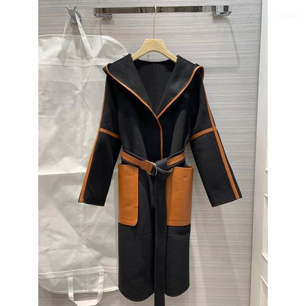 women's wool & blends high end quality 11.17 fashion patchwork leather pocket cashmere coat women hooded soft contrast color overcoat o, Black
women's wool & blends high end quality 11.17 fashion patchwork leather pocket cashmere coat women hooded soft contrast color overcoat o, Black