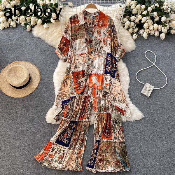 women's two piece pants women summer retro print casual set design single breasted irregular high waist pleated long suits, White
women's two piece pants women summer retro print casual set design single breasted irregular high waist pleated long suits, White