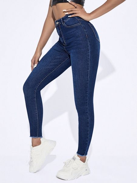 high waisted raw hem skinny jeans v26e#, Blue
