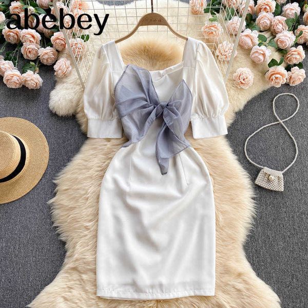 women design bow korean dress square collar puff sleeve solid slim dress summer fashion streetwear short sundress 210715, Black;gray
women design bow korean dress square collar puff sleeve solid slim dress summer fashion streetwear short sundress 210715, Black;gray