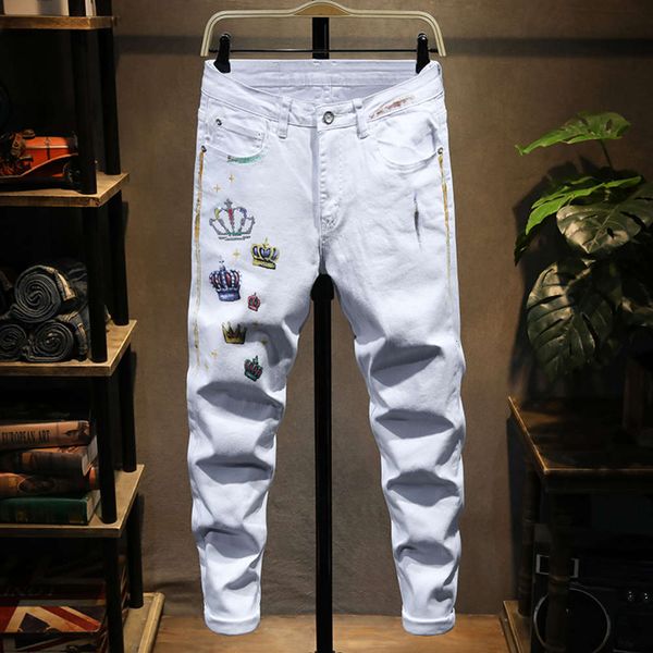 spring and summer white stretch casual jeans men's brand handsome straight pants personality fashion, Blue
spring and summer white stretch casual jeans men's brand handsome straight pants personality fashion, Blue