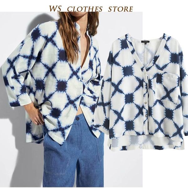 women's blouses & shirts md 2021 fashion vintage v-neck tie-dyed printing fitted blouse female england style casual pocket long sleeve, White
women's blouses & shirts md 2021 fashion vintage v-neck tie-dyed printing fitted blouse female england style casual pocket long sleeve, White