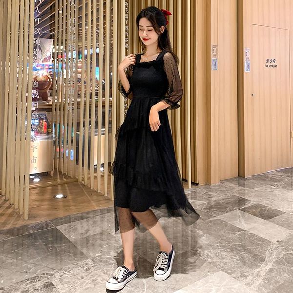 casual dresses women's clothing summer fashion square collor lace ruffles dress vintage three-quarter sleeves elegant long female, Black;gray 
casual dresses women's clothing summer fashion square collor lace ruffles dress vintage three-quarter sleeves elegant long female, Black;gray