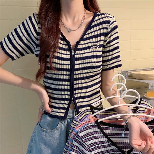 women's knits & tees casual knitted cardigan striped v-neck short sleeves solid edging women knitting zipper summer 2021, White
women's knits & tees casual knitted cardigan striped v-neck short sleeves solid edging women knitting zipper summer 2021, White