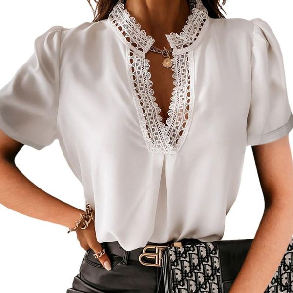 women's t-shirt women casual solid color t shirts summer 2021 , short puff sleeves v-neck lace hem, White
women's t-shirt women casual solid color t shirts summer 2021 , short puff sleeves v-neck lace hem, White