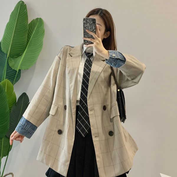 2021 spring female casual notched collar long-sleeved single breasted loose patchwork denim plaid blazer coat 8y635, Black;brown
2021 spring female casual notched collar long-sleeved single breasted loose patchwork denim plaid blazer coat 8y635, Black;brown