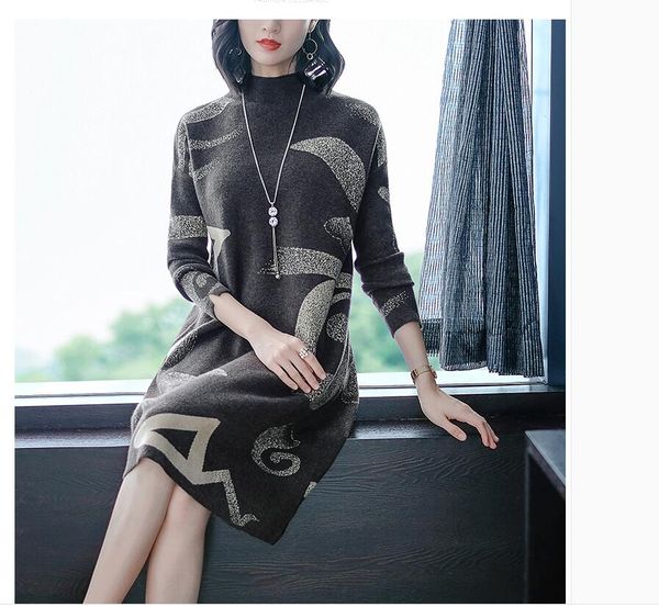 autumn and winter new high-neck long-sleeved jacquard knitted dress mid-length over-the-knee base sweater dress, White
autumn and winter new high-neck long-sleeved jacquard knitted dress mid-length over-the-knee base sweater dress, White