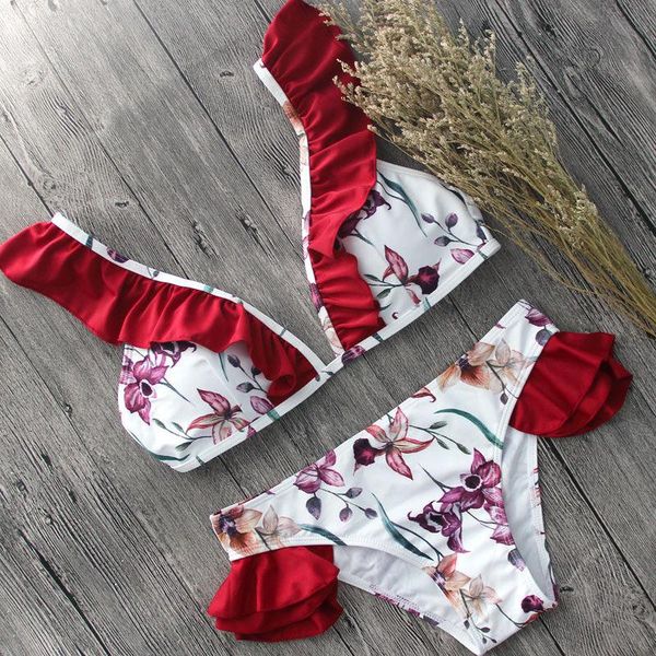 women's swimwear retro printed floral bikini set women ruffles padded bra bandage push up triangle wine red swimsuit womens bathing sui, White;black
women's swimwear retro printed floral bikini set women ruffles padded bra bandage push up triangle wine red swimsuit womens bathing sui, White;black