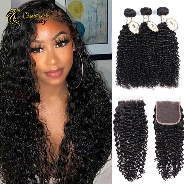 human hair bulks brazilian curly wave 3 bundles with closure remy cheetah beauty middle/three part lace, Black