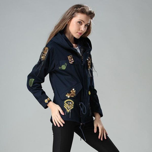 women's jackets elegant badge embroidery draw string waist coats sequins chains bomber jacket hooded women wind coat, Black;brown
women's jackets elegant badge embroidery draw string waist coats sequins chains bomber jacket hooded women wind coat, Black;brown