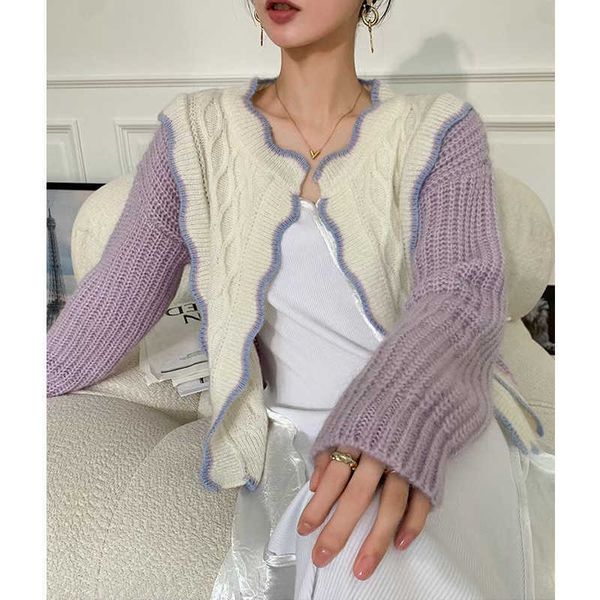 2021 design advanced women's clothing purple splicing sense of minority fashion fungus edge knitted cardigan trend, Black
2021 design advanced women's clothing purple splicing sense of minority fashion fungus edge knitted cardigan trend, Black