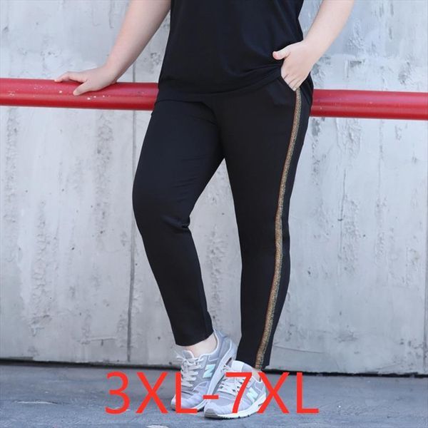 summer plus size pencil sports womens capri large loose casual black pocket stripe long trousers 3xl 5xl 6xl 7xl, Black;white