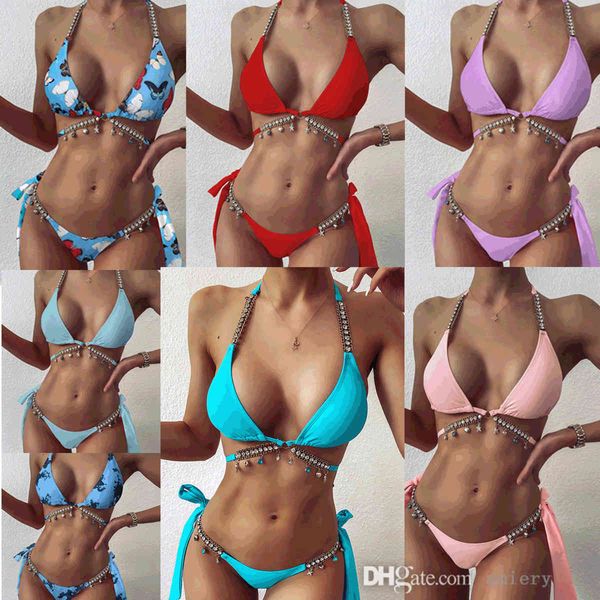 women halter bikini swimsuit split two piece set lake blue crystal chain summer bathing suit beachwear 7 colors, White;black
women halter bikini swimsuit split two piece set lake blue crystal chain summer bathing suit beachwear 7 colors, White;black