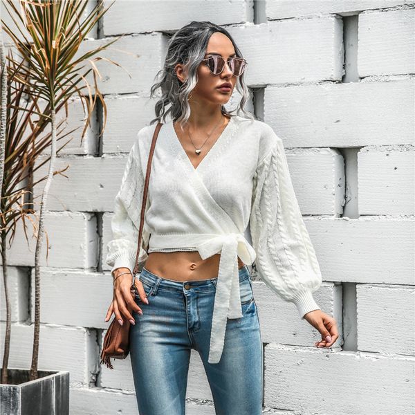 2021 lantern sleeve short pullover sweater autumn winter solid v neck knitted belt jumper for women new fashion w3v5, White;black
2021 lantern sleeve short pullover sweater autumn winter solid v neck knitted belt jumper for women new fashion w3v5, White;black