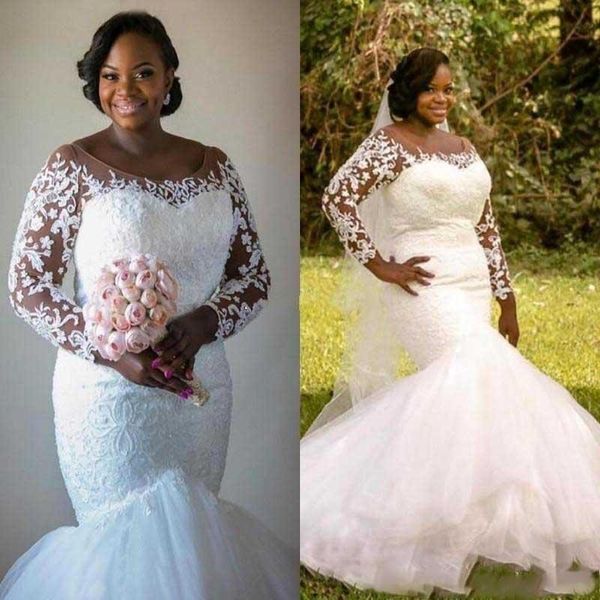 2021 plus size wedding dresses with long sleeves mermaid vestido de novia scoop neck lace applique sweep train country wedding gowns, White
2021 plus size wedding dresses with long sleeves mermaid vestido de novia scoop neck lace applique sweep train country wedding gowns, White