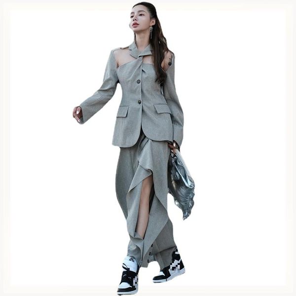 women's two piece pants irregular hollow out suit blazer coats set women and asymmetry long wide leg pant sets 2021, White
women's two piece pants irregular hollow out suit blazer coats set women and asymmetry long wide leg pant sets 2021, White