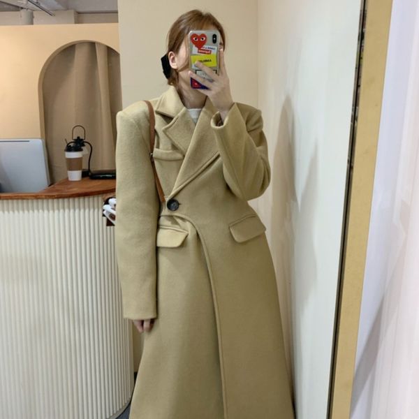 korean chic winter elegant suit collar irregular one button waist over knee long woolen women's coat, Black
korean chic winter elegant suit collar irregular one button waist over knee long woolen women's coat, Black