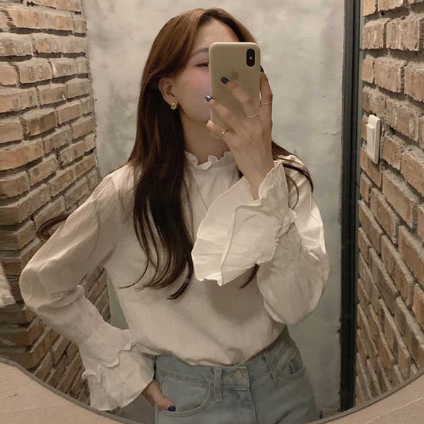 korean chic white stand flare sleeve blouse women ruffles elegant temperament plus size shirts blusa mujer ol style wild 210610
korean chic white stand flare sleeve blouse women ruffles elegant temperament plus size shirts blusa mujer ol style wild 210610