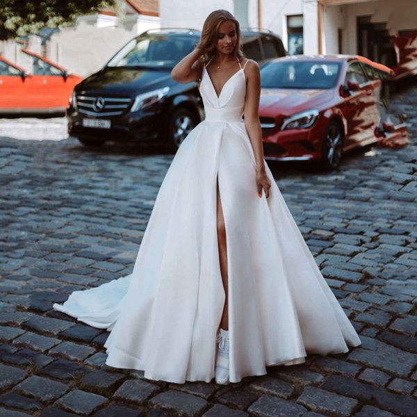 summer backless wedding dresses split front a line satin bridal gowns spaghetti straps boho long beach bride dress custom made vestidos de n, White
summer backless wedding dresses split front a line satin bridal gowns spaghetti straps boho long beach bride dress custom made vestidos de n, White