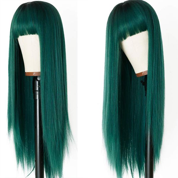 long silky straight synthetic replacement hair wig green ombre silk base wig full neat bangs heat resistant none lace wigs fashion women, Black
long silky straight synthetic replacement hair wig green ombre silk base wig full neat bangs heat resistant none lace wigs fashion women, Black