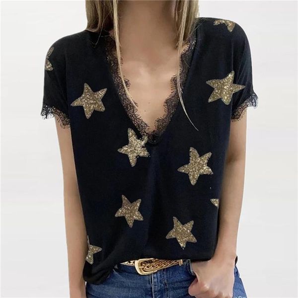 women's t-shirt ladies short sleeve tees 2021 summer v-neck star print lace women casual loose basic female clothing, White
women's t-shirt ladies short sleeve tees 2021 summer v-neck star print lace women casual loose basic female clothing, White