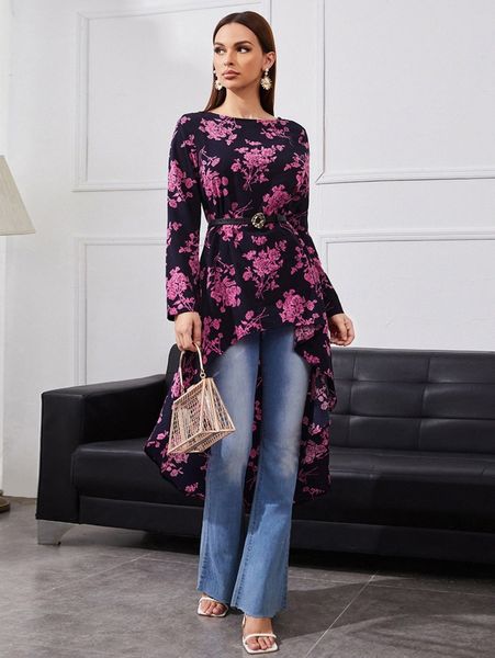 floral print dip hem i3nz#, White