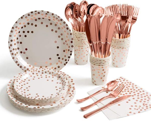 disposable dinnerware rose gold white party supplies golden dot sets tableware for graduation, birthday, cocktail
disposable dinnerware rose gold white party supplies golden dot sets tableware for graduation, birthday, cocktail