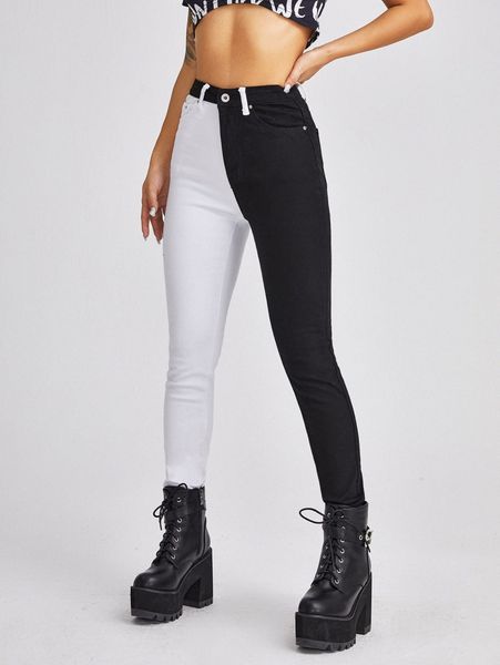 high waist two tone skinny jeans 452b#, Blue