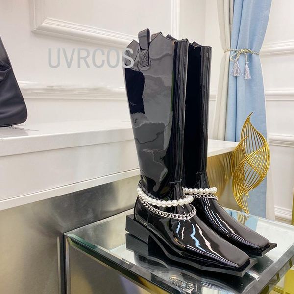boots women motorcycle fashion pearl chain knee high 2021 autumn winter patent leather square toe thick bottom shoes, Black
boots women motorcycle fashion pearl chain knee high 2021 autumn winter patent leather square toe thick bottom shoes, Black