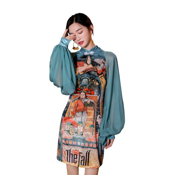 2021 new cheongsam printed with lantern sleeves, collar high, spring and autumn series g73w, Black;gray
2021 new cheongsam printed with lantern sleeves, collar high, spring and autumn series g73w, Black;gray