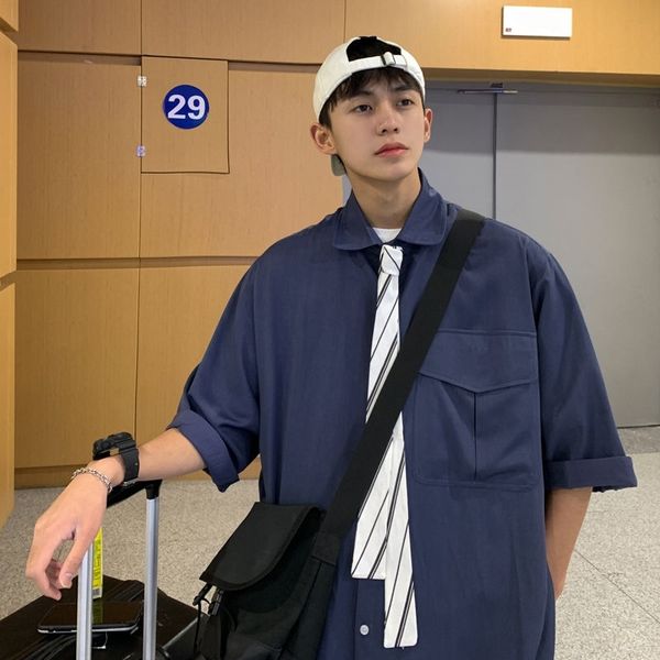 men's casual shirts pure color tie dress korean fashion loose business harajuku streetwear short-sleeved s-xl lus8, White;black
men's casual shirts pure color tie dress korean fashion loose business harajuku streetwear short-sleeved s-xl lus8, White;black