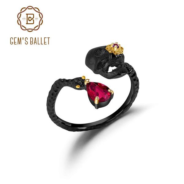 cluster rings gem's ballet 0.9ct natural ruby gemstone ring 925 sterling silver handmade adjustable skull for women fine jewelry, Golden;silver