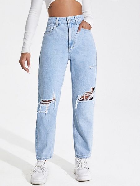 high waist ripped mom jeans c1rx#, Blue