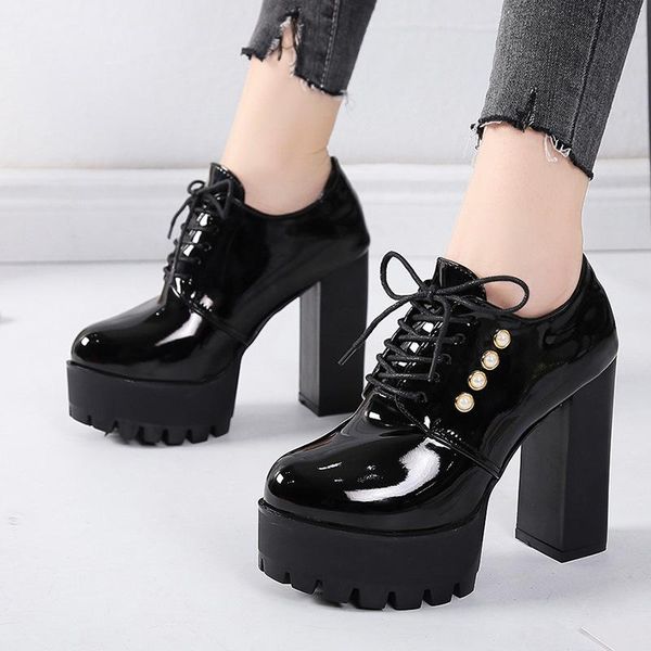 dress shoes all-match women's princess thick heel lace patent super heels waterproof short boots, Black