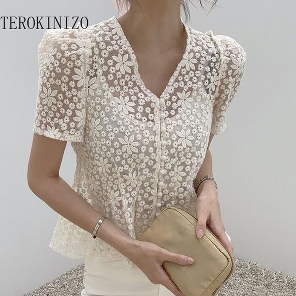 women's blouses & shirts terokinizo v neck short sleeve blouse women lace flower hook see through elegant single breasted chic blusas, White
women's blouses & shirts terokinizo v neck short sleeve blouse women lace flower hook see through elegant single breasted chic blusas, White