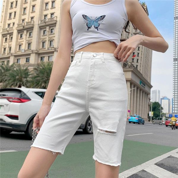 women's shorts solid white high waist jeans short women summer cycling knee length holes ripped streetwear girls denim 2021, White;black
women's shorts solid white high waist jeans short women summer cycling knee length holes ripped streetwear girls denim 2021, White;black