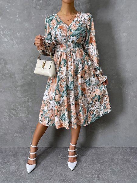 allover floral print flounce sleeve shirred dress 421o#, Black;gray