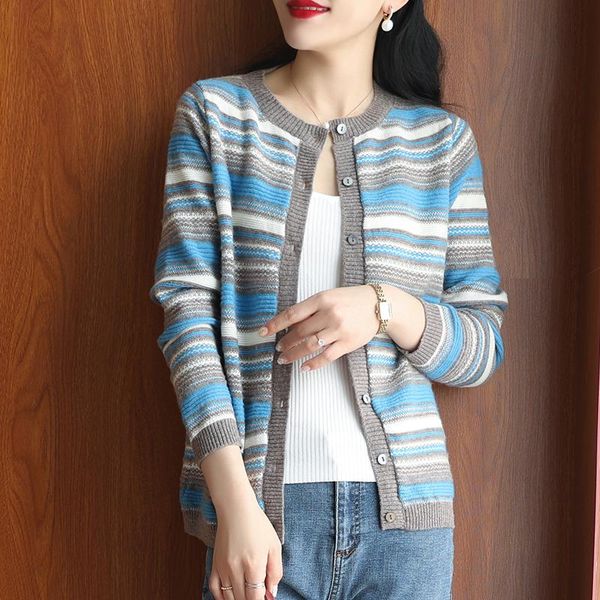 women's knits & tees 2021 fashion striped 100%pure wool cardigan women round neck autumn and winter sweater wild coat knitted cashmere, White
women's knits & tees 2021 fashion striped 100%pure wool cardigan women round neck autumn and winter sweater wild coat knitted cashmere, White